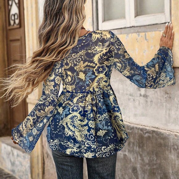 Blue Boho Women's Paisley Print Mesh Long Sleeve Tie Front Asymmetric top - Picture 5 of 7